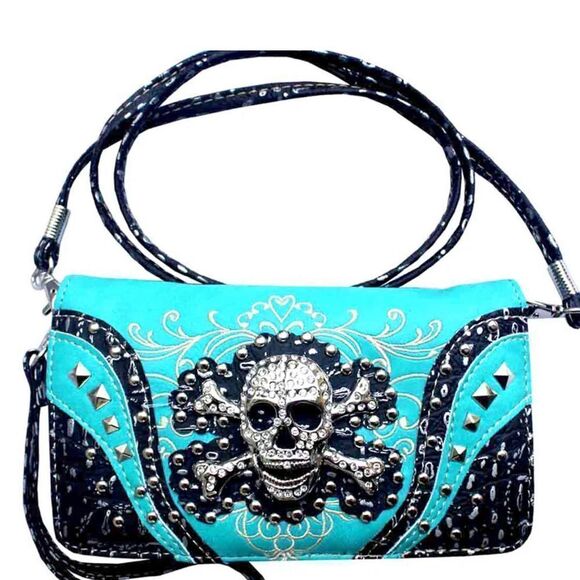 Teal 3D Rhinestone Skull Wallet - Picture 1 of 2